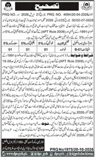 Correction Notice - Recruitment Advertisement – District Population Controller, Balochistan (Department of Population Welfare, Balochistan) Jobs 2026 — original newspaper advertisement