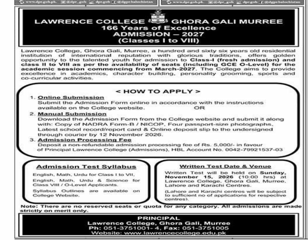 Admission 2027 (Classes I to VIII) – Lawrence College, Ghora Gali, Murree Admissions 2026 — original newspaper advertisement
