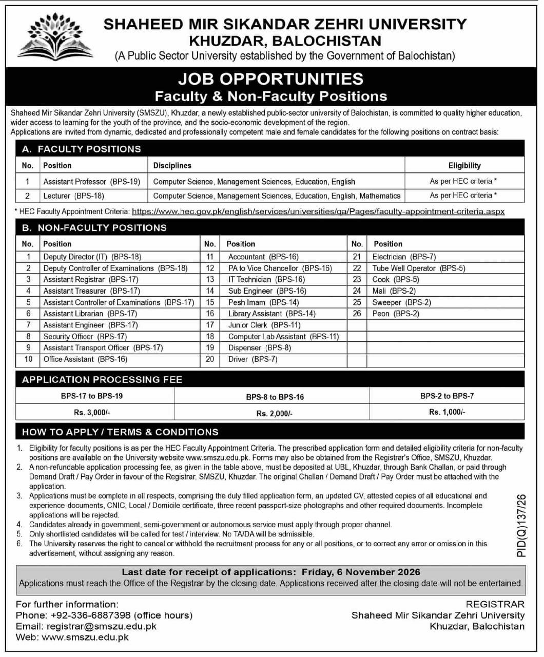 Shaheed Mir Sikandar Zehri University (SMSZU), Khuzdar, Balochistan Jobs Jobs 2026 — original newspaper advertisement