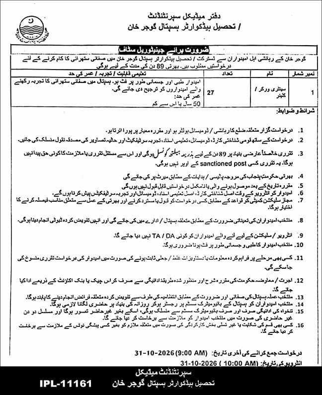 Office of Medical Superintendent, Tehsil Headquarter Hospital Gojar Khan Jobs Jobs 2026 — original newspaper advertisement