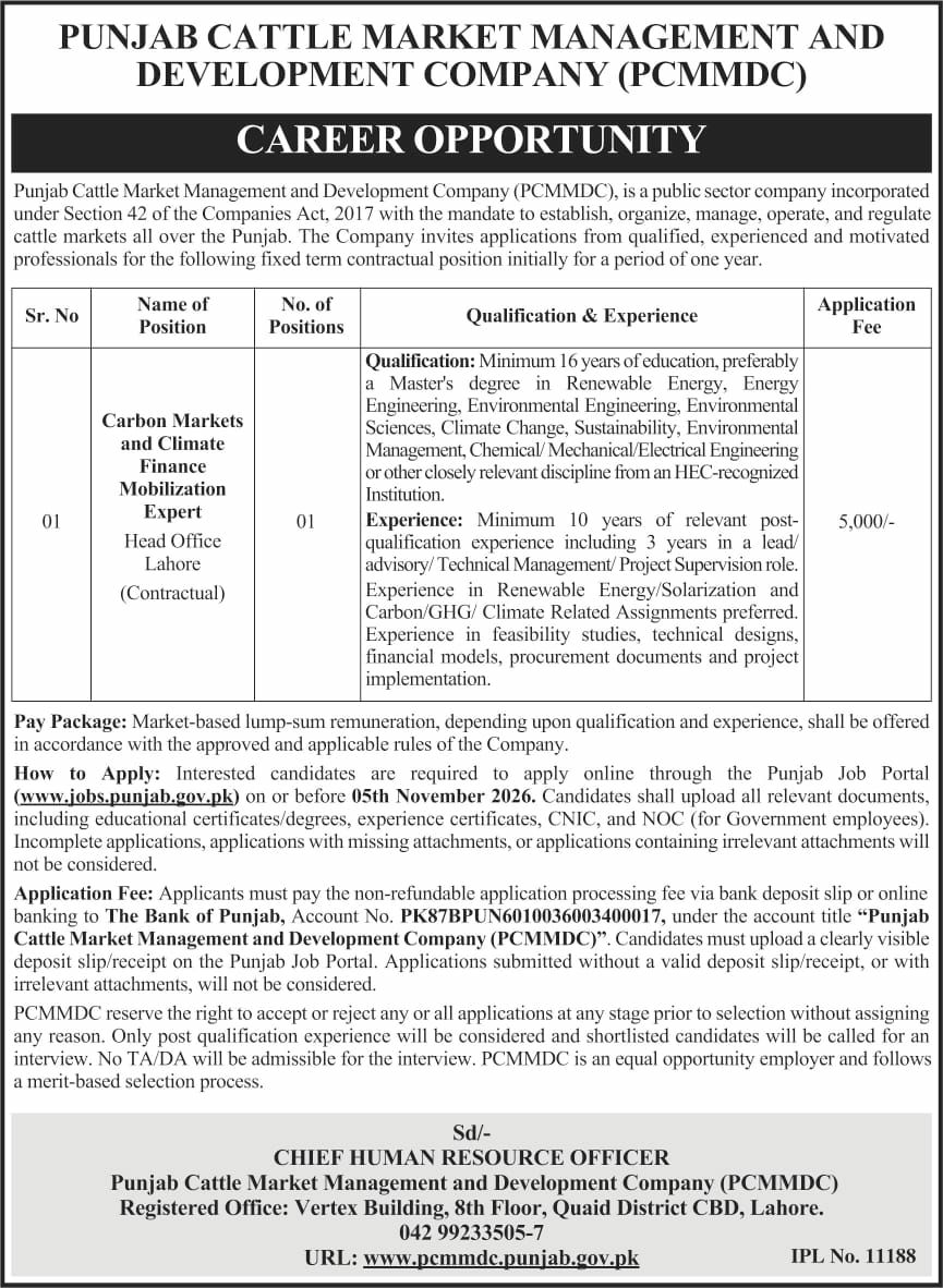 Punjab Cattle Market Management and Development Company (PCMMDC) Jobs Jobs 2026 — original newspaper advertisement