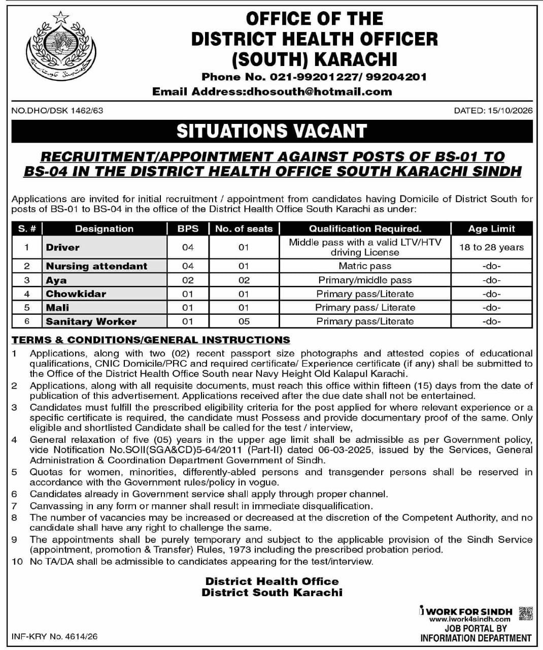 Situations Vacant - Recruitment/Appointment Against Posts of BS-01 to BS-04 in the District Health Office South Karachi Sindh – Office of the District Health Officer (South) Karachi Jobs 2026 — original newspaper advertisement