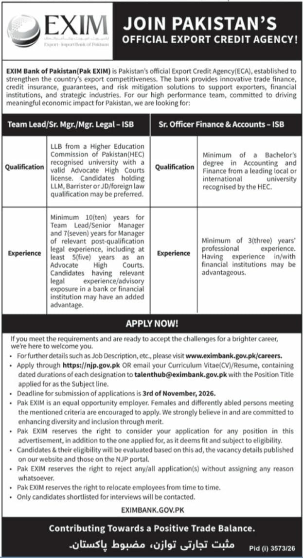 EXIM Bank of Pakistan (Pak EXIM) Jobs 2026 Jobs 2026 — original newspaper advertisement