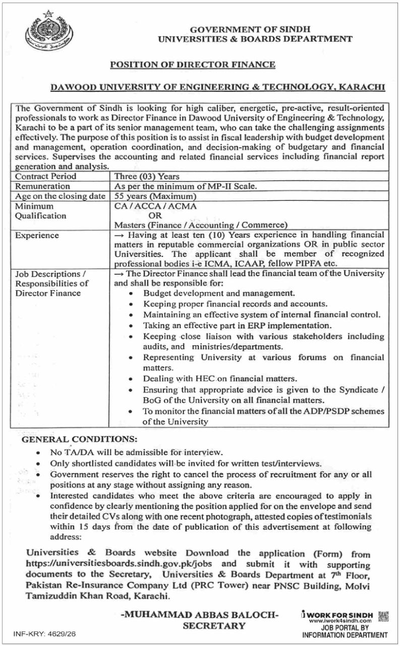 Dawood University of Engineering & Technology, Karachi Jobs 2026 – Government of Sindh, Universities & Boards Department / Dawood University of Engineering & Technology, Karachi Jobs 2026 — original newspaper advertisement