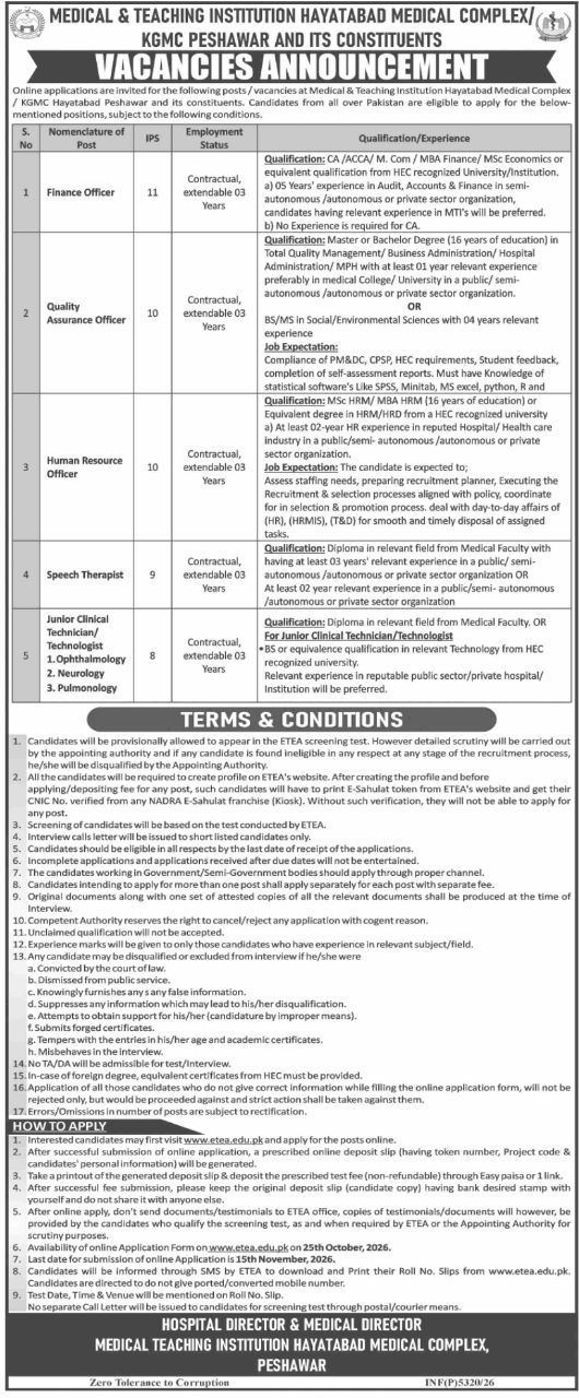 Medical & Teaching Institution Hayatabad Medical Complex / KGMC Peshawar and Its Constituents Jobs Jobs 2026 — original newspaper advertisement