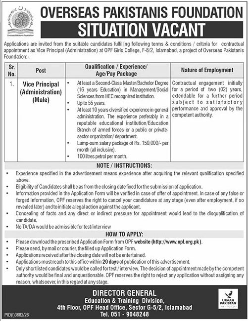 Overseas Pakistanis Foundation (OPF) Jobs Jobs 2026 — original newspaper advertisement