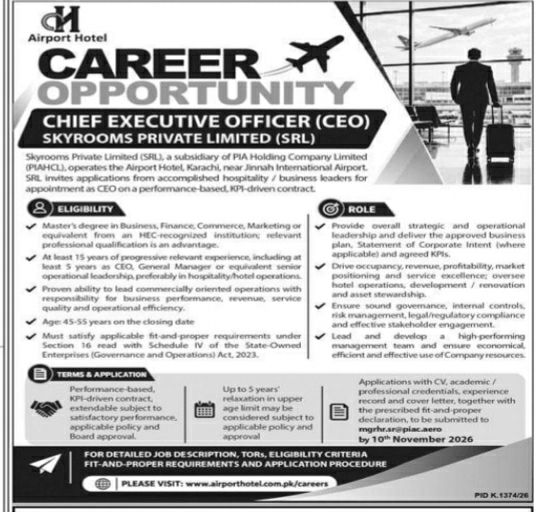 Skyrooms Private Limited (SRL) / Airport Hotel, a subsidiary of PIA Holding Company Limited (PIAHCL) Jobs Jobs 2026 — original newspaper advertisement