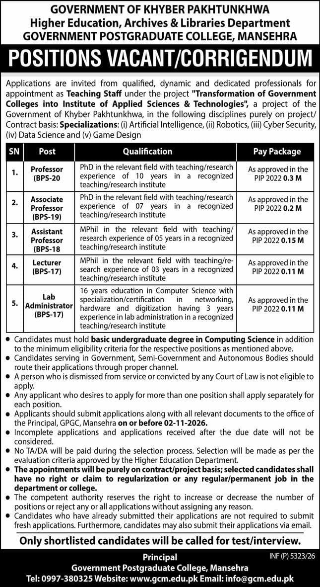 Positions Vacant / Corrigendum - Teaching Staff – Government of Khyber Pakhtunkhwa, Higher Education, Archives & Libraries Department, Government Postgraduate College, Mansehra Jobs 2026 — original newspaper advertisement