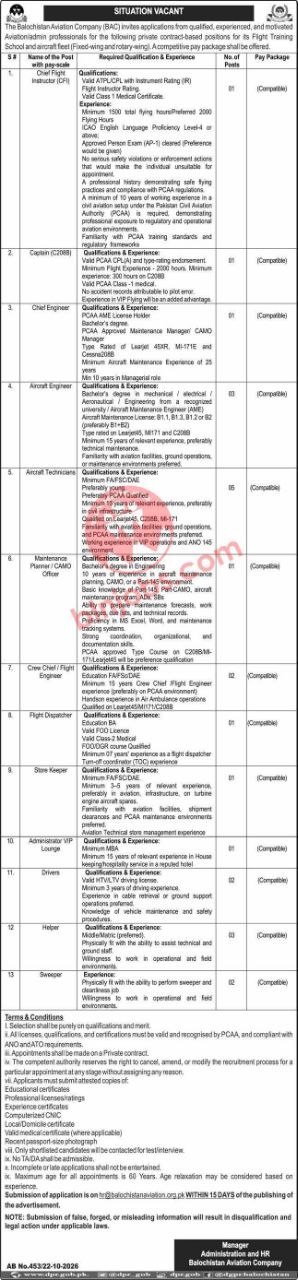Situation Vacant - Flight Training School Positions – Balochistan Aviation Company (BAC) Jobs 2026 — original newspaper advertisement