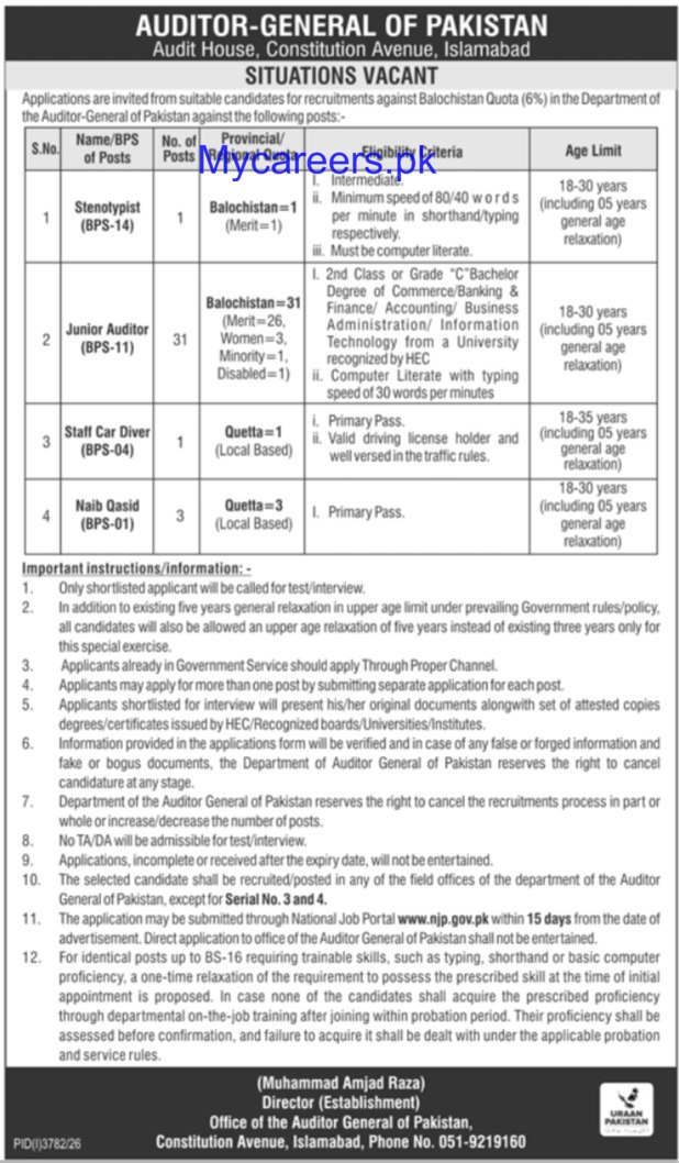 Auditor-General of Pakistan Jobs 2026 Jobs 2026 — original newspaper advertisement