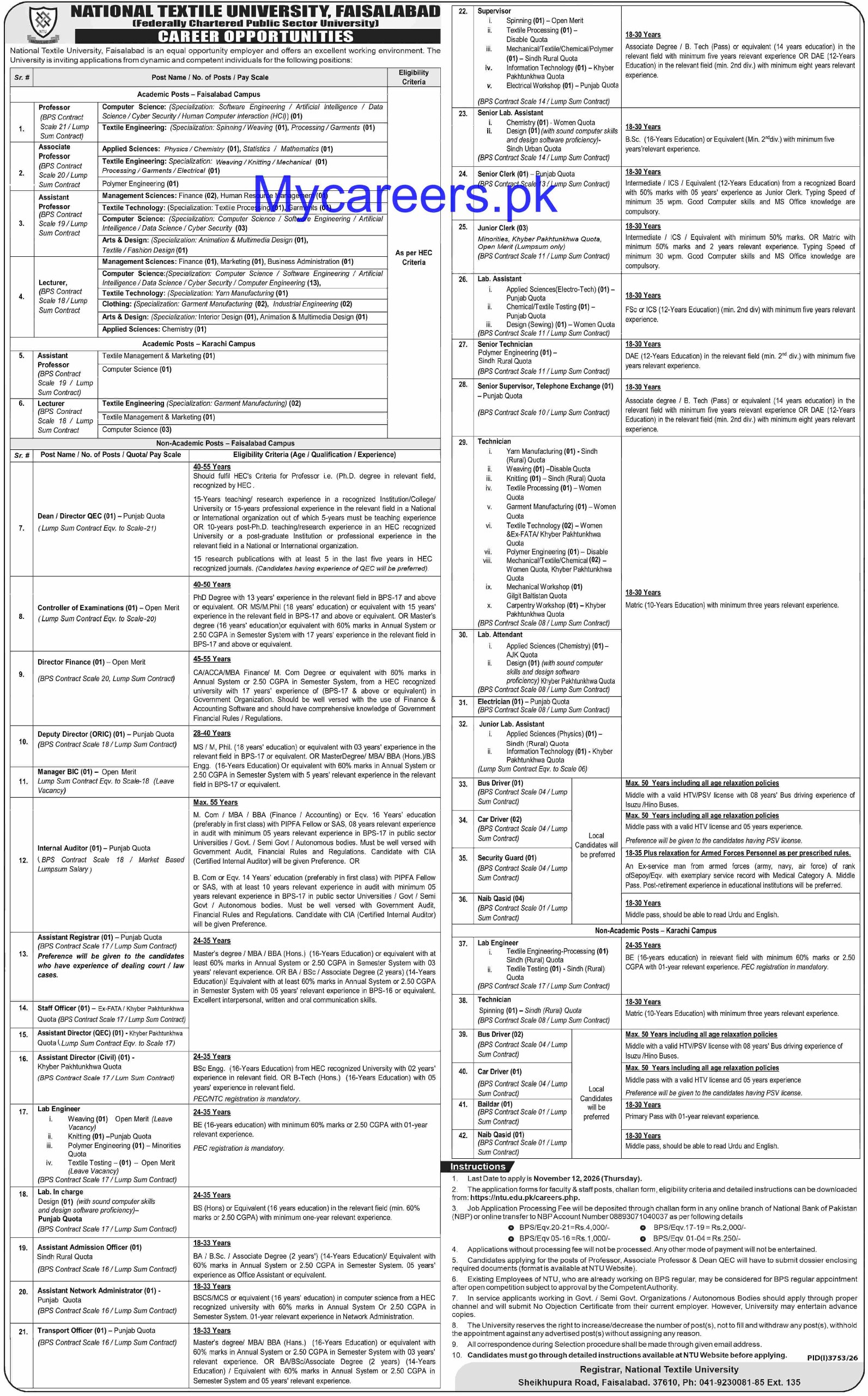 National Textile University, Faisalabad Jobs 2026 – National Textile University, Faisalabad (Federally Chartered Public Sector University) Jobs 2026 — original newspaper advertisement