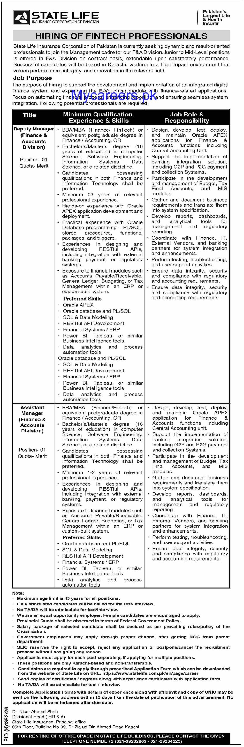 State Life Insurance Corporation of Pakistan Jobs 2026 Jobs 2026 — original newspaper advertisement