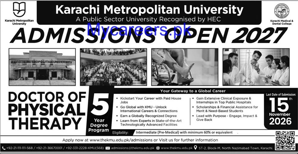 Admissions Open 2027 - Doctor of Physical Therapy – Karachi Metropolitan University Admissions 2026 — original newspaper advertisement