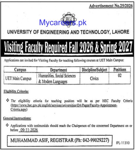 University of Engineering and Technology, Lahore Jobs Jobs 2026 — original newspaper advertisement