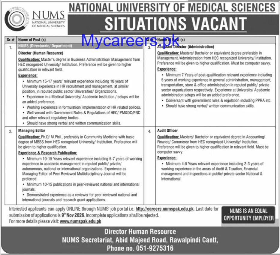 National University of Medical Sciences (NUMS) Jobs 2026 Jobs 2026 — original newspaper advertisement