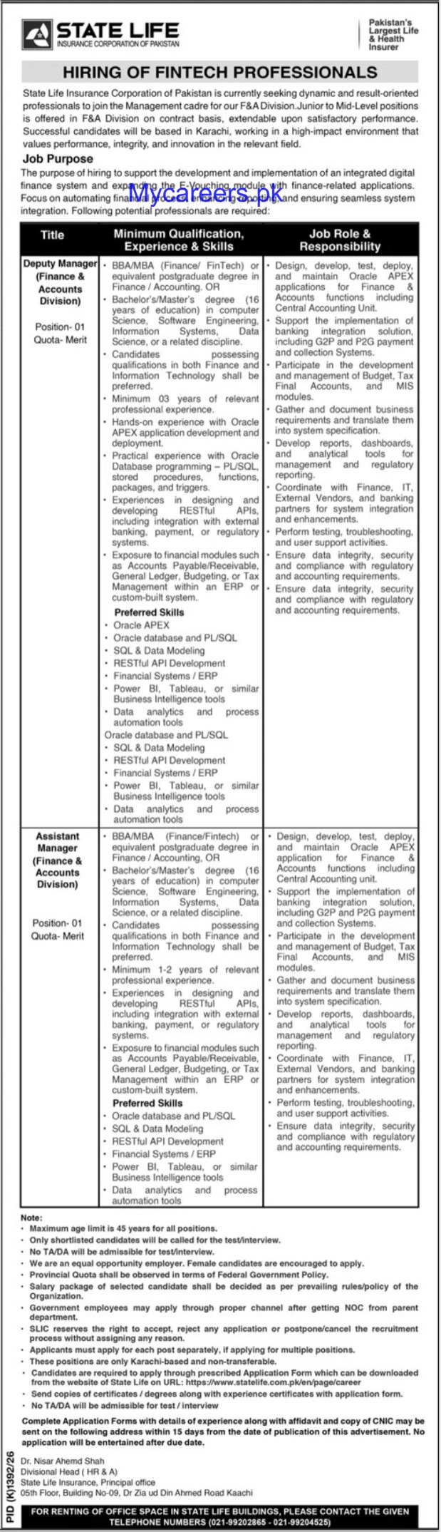 State Life Insurance Corporation Jobs 2026 – State Life Insurance Corporation of Pakistan Jobs 2026 — original newspaper advertisement