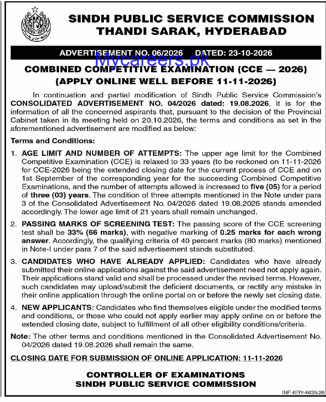 Combined Competitive Examination (CCE-2026) – Sindh Public Service Commission Jobs 2026 — original newspaper advertisement