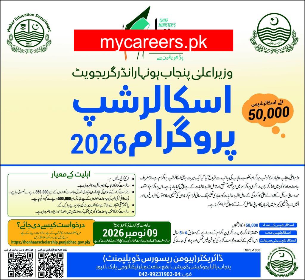 Chief Minister's Honhaar Undergraduate Scholarship Program 2026 – Higher Education Department, Punjab / Punjab Higher Education Commission (PHEC) Scholarships 2026 — original newspaper advertisement
