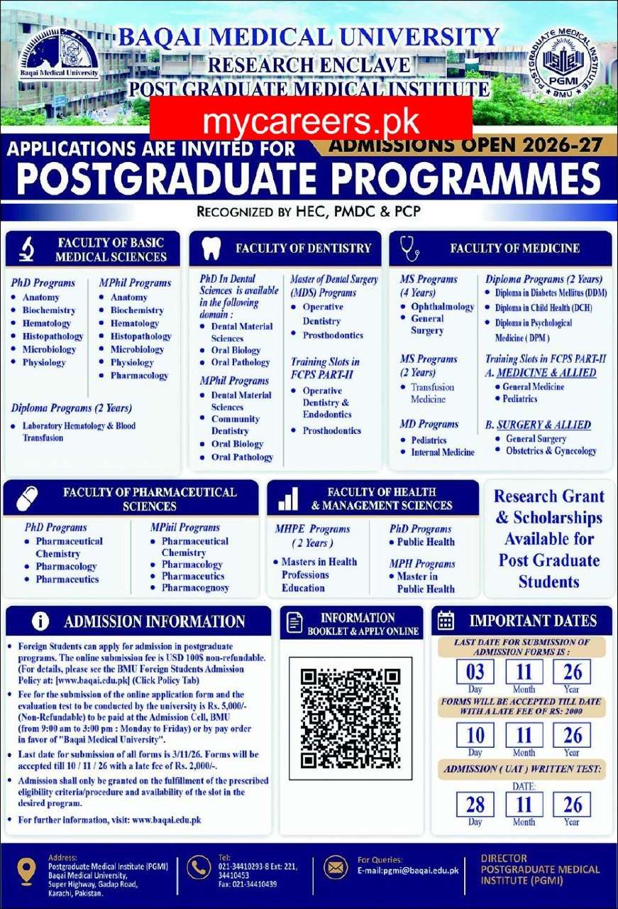 Admissions Open in Baqai Medical University, Research Enclave, Post Graduate Medical Institute (PGMI) 2026-27 – Postgraduate Programmes Admissions 2026 — original newspaper advertisement