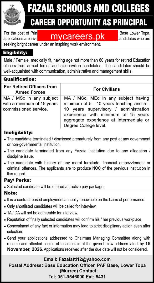Fazaia Schools and Colleges Jobs 2026 Jobs 2026 — original newspaper advertisement