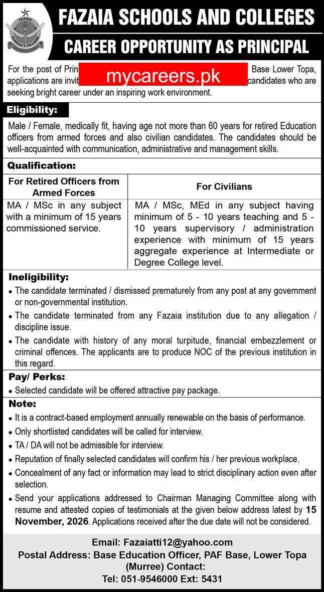 Career Opportunity as Principal – Fazaia Schools and Colleges Jobs 2026 — original newspaper advertisement