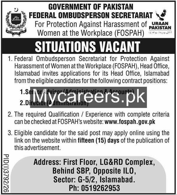 Federal Ombudsperson Secretariat for Protection Against Harassment of Women at the Workplace (FOSPAH) Jobs – Government of Pakistan, Federal Ombudsperson Secretariat for Protection Against Harassment of Women at the Workplace (FOSPAH) Jobs 2026 — original newspaper advertisement