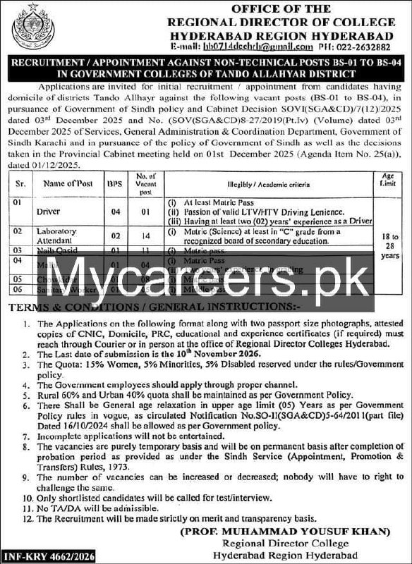 Office of the Regional Director of College, Hyderabad Region Hyderabad Jobs Jobs 2026 — original newspaper advertisement