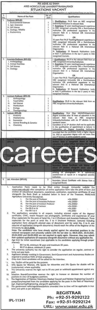 Pir Mehr Ali Shah Arid Agriculture University Rawalpindi Jobs Jobs 2026 — original newspaper advertisement