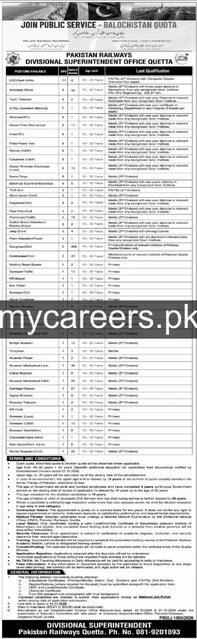 Join Public Service - Balochistan Quota: Pakistan Railways Divisional Superintendent Office Quetta – Pakistan Railways, Divisional Superintendent Office Quetta Jobs 2026 — original newspaper advertisement