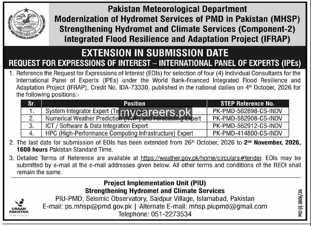 Request for Expressions of Interest – International Panel of Experts (IPEs) – Pakistan Meteorological Department – Project Implementation Unit (PIU), Strengthening Hydromet and Climate Services Jobs 2026 — original newspaper advertisement