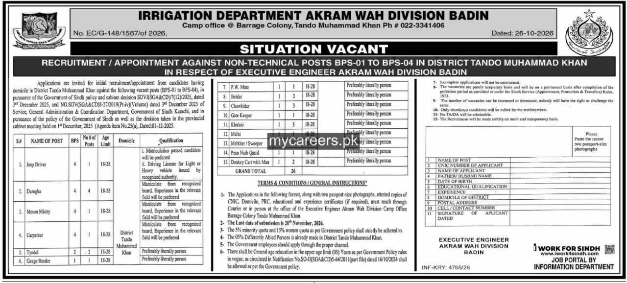 Irrigation Department Akram Wah Division Badin Jobs 2026 Jobs 2026 — original newspaper advertisement