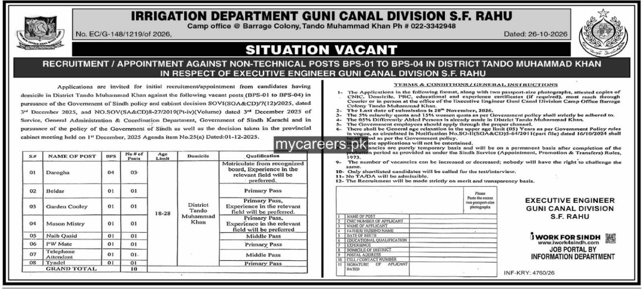 Irrigation Department Guni Canal Division S.F. Rahu Jobs Jobs 2026 — original newspaper advertisement