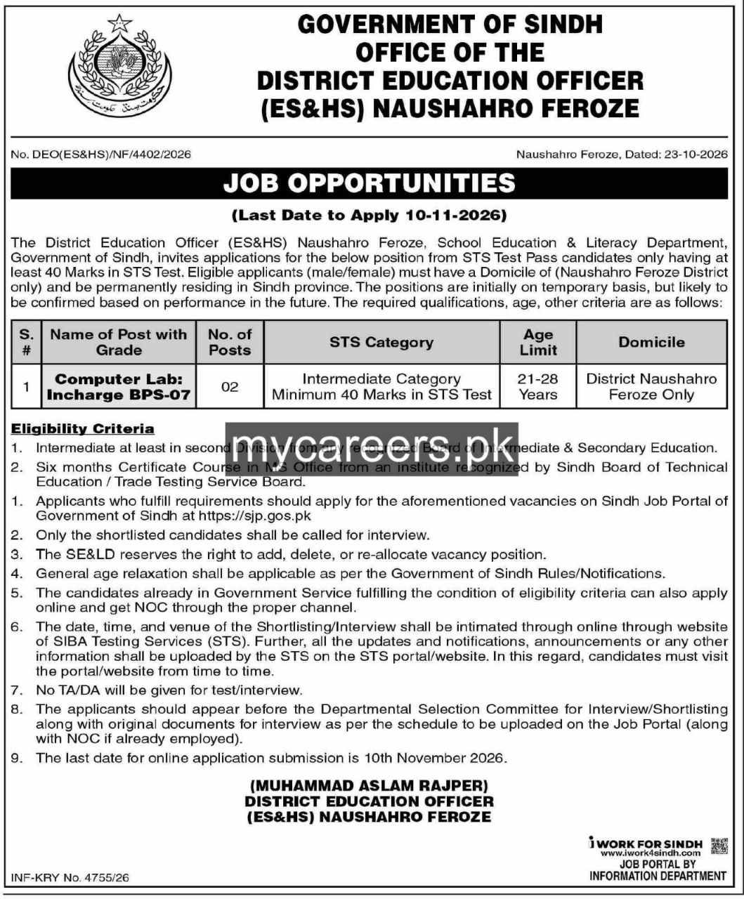 Office of the District Education Officer (ES&HS) Naushahro Feroze, School Education & Literacy Department Jobs – Government of Sindh, Office of the District Education Officer (ES&HS) Naushahro Feroze, School Education & Literacy Department Jobs 2026 — original newspaper advertisement