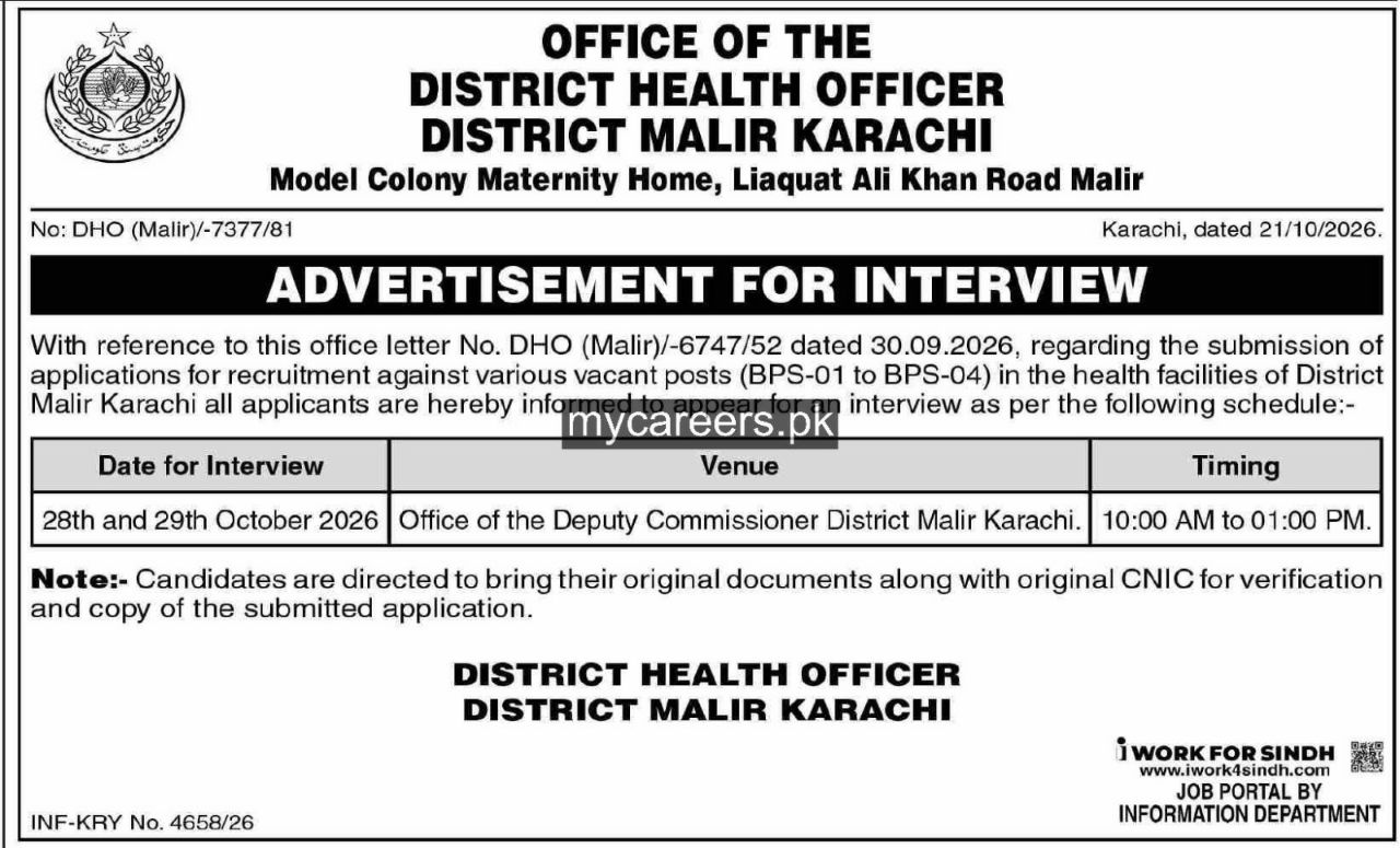Office of the District Health Officer, District Malir Karachi Jobs 2026 Jobs 2026 — original newspaper advertisement