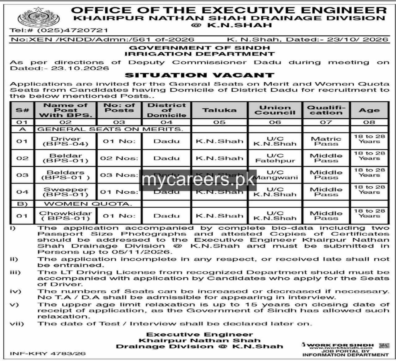 Office of the Executive Engineer, Khairpur Nathan Shah Drainage Division Jobs 2026 – Government of Sindh, Irrigation Department – Office of the Executive Engineer, Khairpur Nathan Shah Drainage Division @ K.N. Shah Jobs 2026 — original newspaper advertisement
