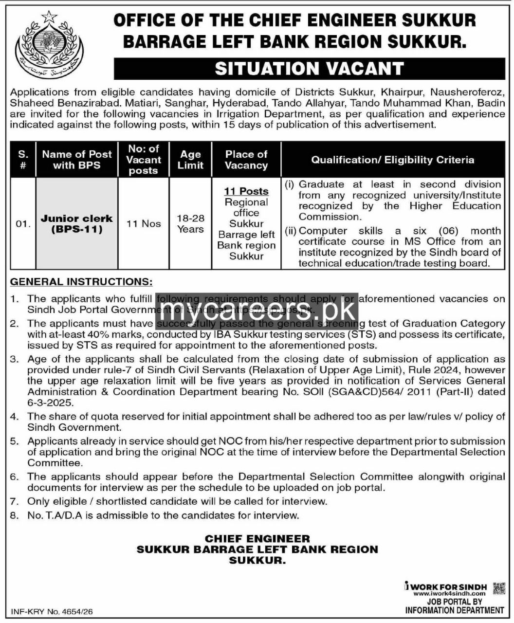 Office of the Chief Engineer Sukkur Barrage Left Bank Region Sukkur, Irrigation Department Jobs Jobs 2026 — original newspaper advertisement