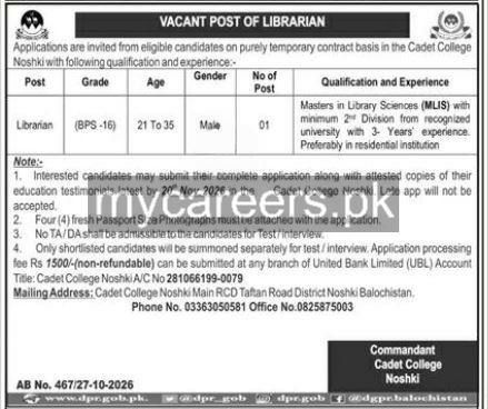 Cadet College Noshki Balochistan Jobs 2026 Jobs 2026 — original newspaper advertisement