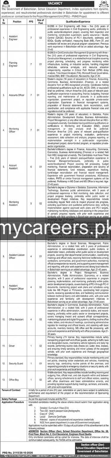School Education Department Balochistan jobs 2026 – Government of Balochistan, School Education Department Jobs 2026 — original newspaper advertisement