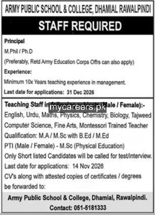 Army Public School & College, Dhamial Rawalpindi Jobs 2026 Jobs 2026 — original newspaper advertisement