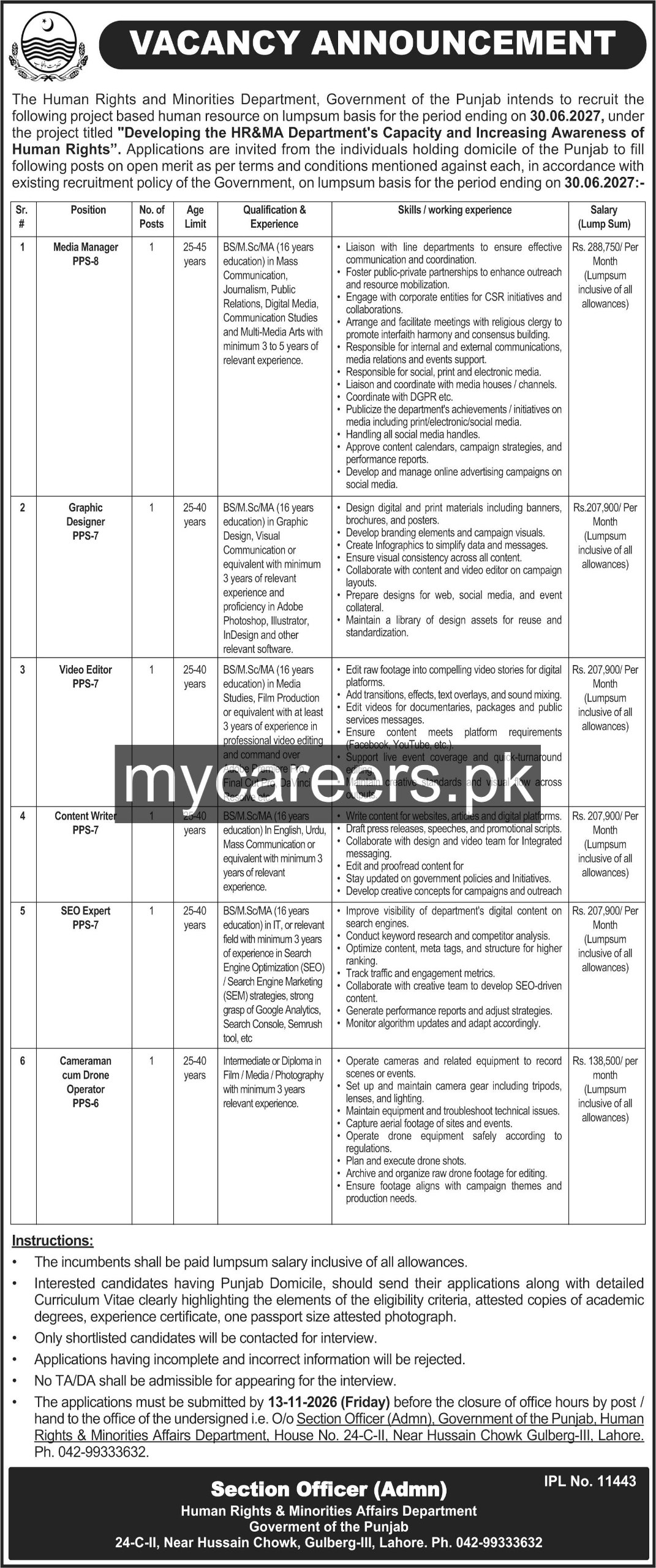 Human Rights and Minorities Affairs Department Jobs 2026 – Human Rights and Minorities Affairs Department, Government of the Punjab Jobs 2026 — original newspaper advertisement