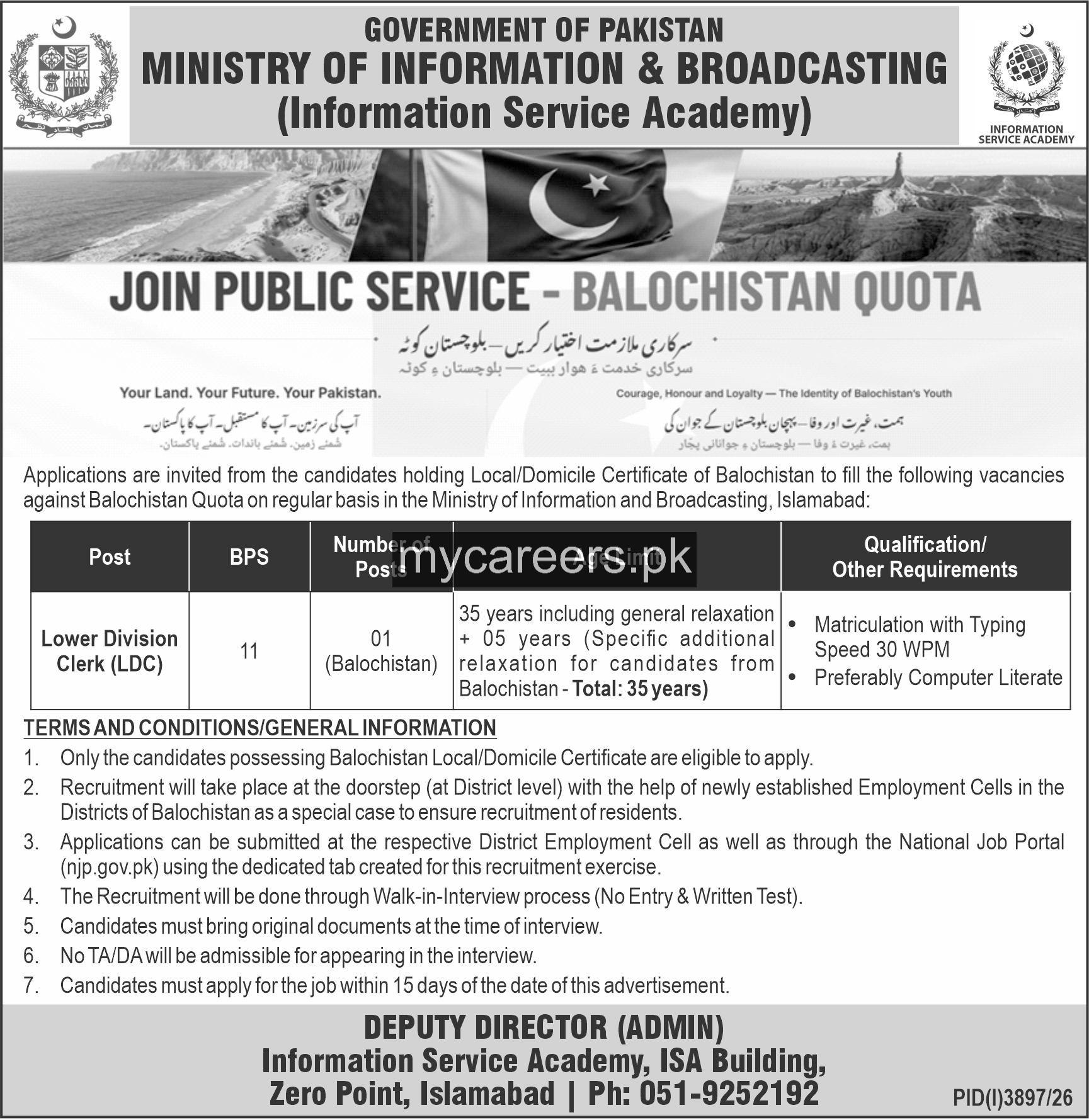 Ministry of Information & Broadcasting (Information Service Academy) Jobs 2026 – Government of Pakistan, Ministry of Information & Broadcasting (Information Service Academy) Jobs 2026 — original newspaper advertisement