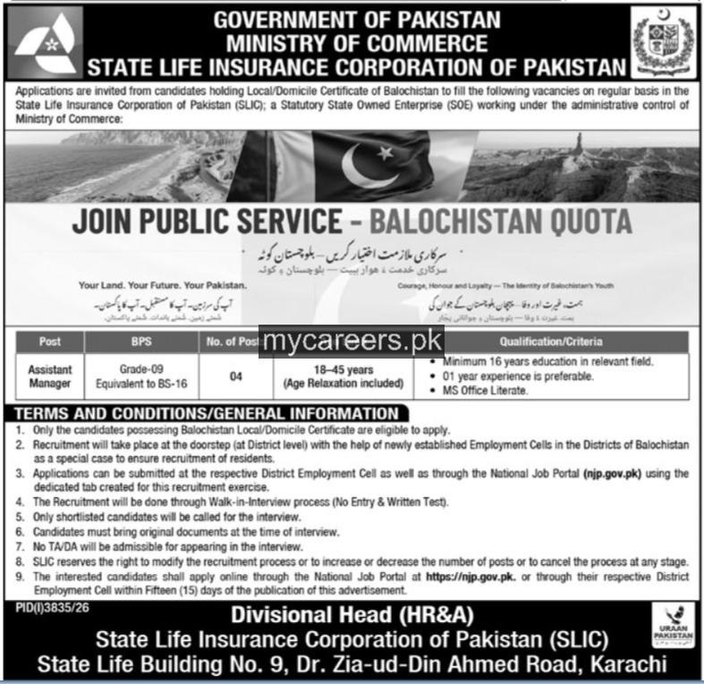 State Life Insurance Corporation of Pakistan Jobs 2026 – State Life Insurance Corporation of Pakistan (SLIC), Ministry of Commerce, Government of Pakistan Jobs 2026 — original newspaper advertisement
