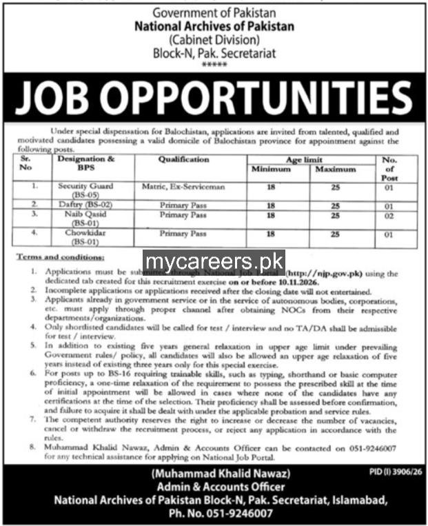 National Archives of Pakistan (Cabinet Division) Jobs 2026 Jobs 2026 — original newspaper advertisement