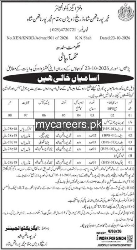 Office of Executive Engineer, Khairpur Nathan Shah Division, Headquarter Khairpur Nathan Shah, Department of Irrigation Jobs 2026 – Office of Executive Engineer, Khairpur Nathan Shah Division, Headquarter Khairpur Nathan Shah, Department of Irrigation, Government of Sindh Jobs 2026 — original newspaper advertisement