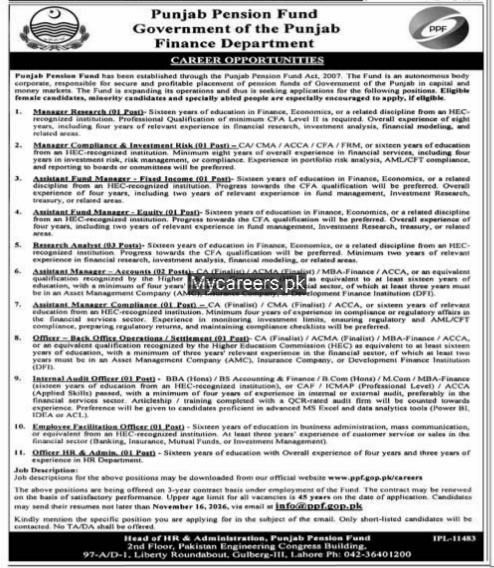 Punjab Pension Fund, Government of the Punjab, Finance Department Jobs Jobs 2026 — original newspaper advertisement