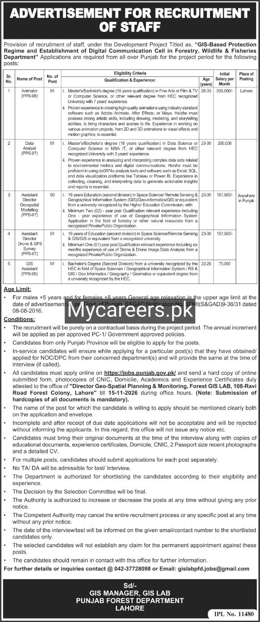 Punjab Forest Department, GIS Lab (under GIS-Based Protection Regime and Establishment of Digital Communication Cell in Forestry, Wildlife & Fisheries Department) Jobs Jobs 2026 — original newspaper advertisement