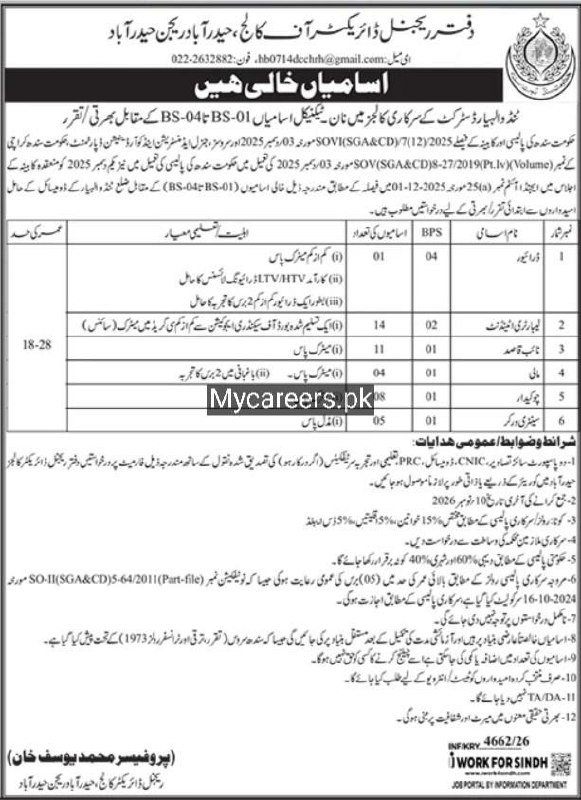 Office of the Regional Director, Arts Council College, Hyderabad / Sind Arts Council, Hyderabad Jobs Jobs 2026 — original newspaper advertisement