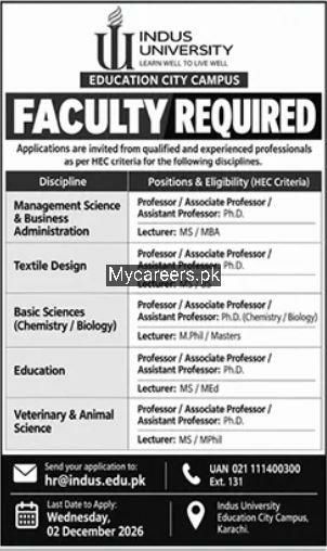 Faculty Required Indus University - Education City Campus Jobs 2026 — original newspaper advertisement