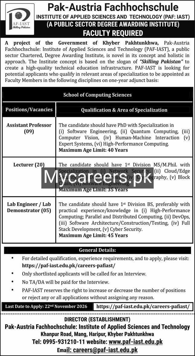 Pak-Austria Fachhochschule: Institute of Applied Sciences and Technology (PAF-IAST) Jobs 2026 Jobs 2026 — original newspaper advertisement