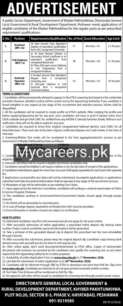 Directorate General Local Government & Rural Development Department, Khyber Pakhtunkhwa Jobs Jobs 2026 — original newspaper advertisement